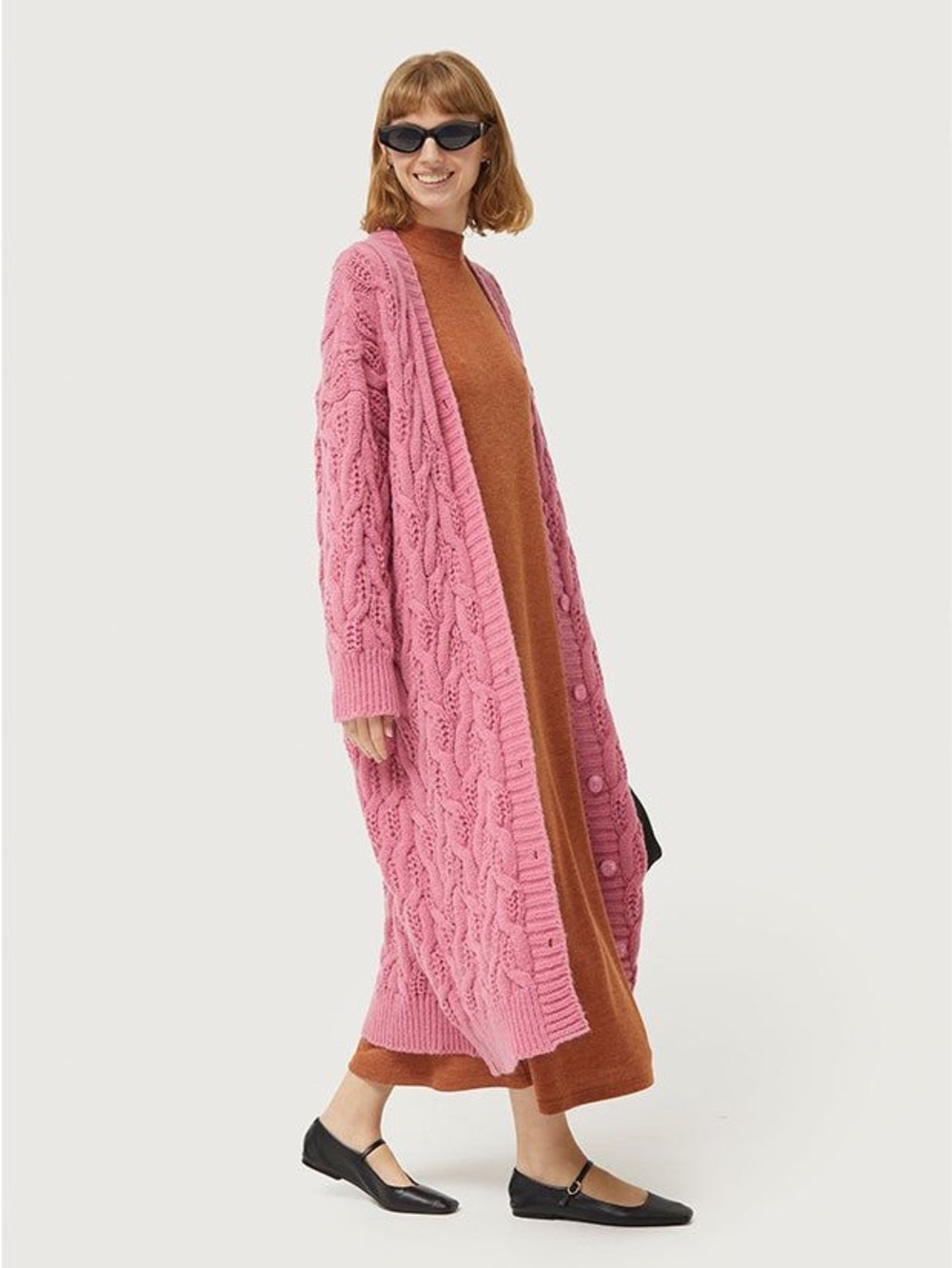 Designer Chunky Knit Oversized Long Pink Cable Knit Open Cardigan Sweater Sz S